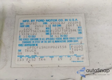 1987 Ford F150 z USA, uszkodzony, nr VIN 1FTCF15N1HPB21158